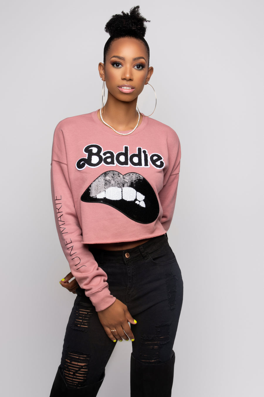 Baddie Rose Gold & Sequin Cropped Sweatshirt