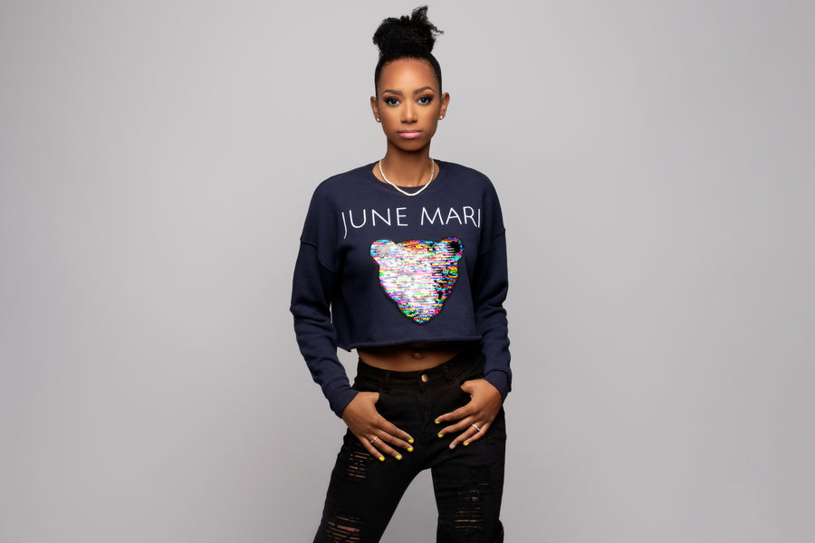 Navy Sequin Panther Cropped Sweatshirt