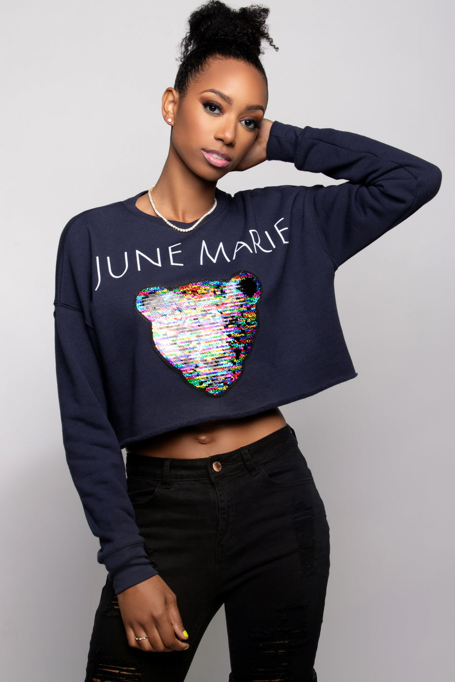 Navy Sequin Panther Cropped Sweatshirt