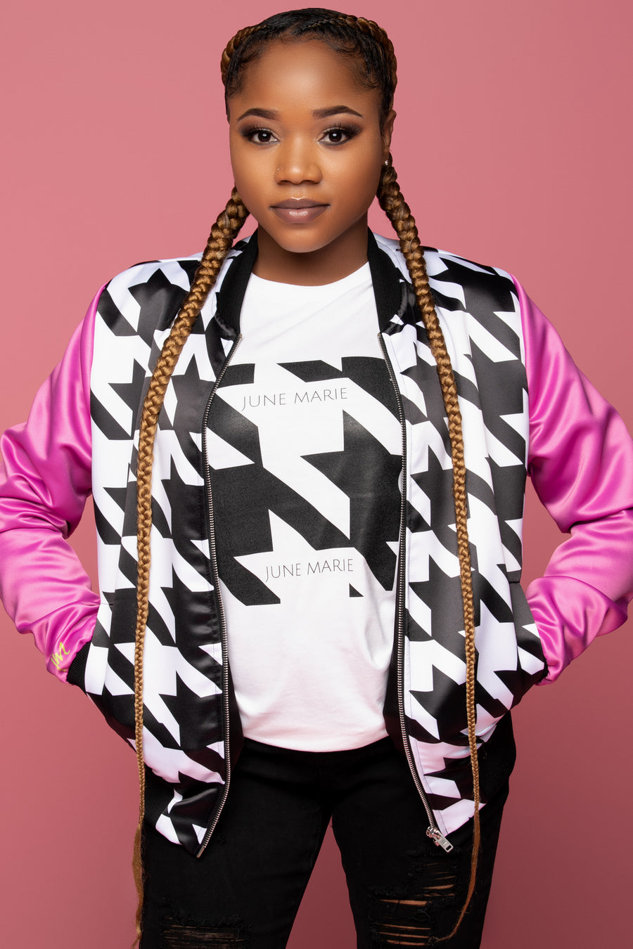 Satin Pink & Green Houndstooth Luxury Bomber